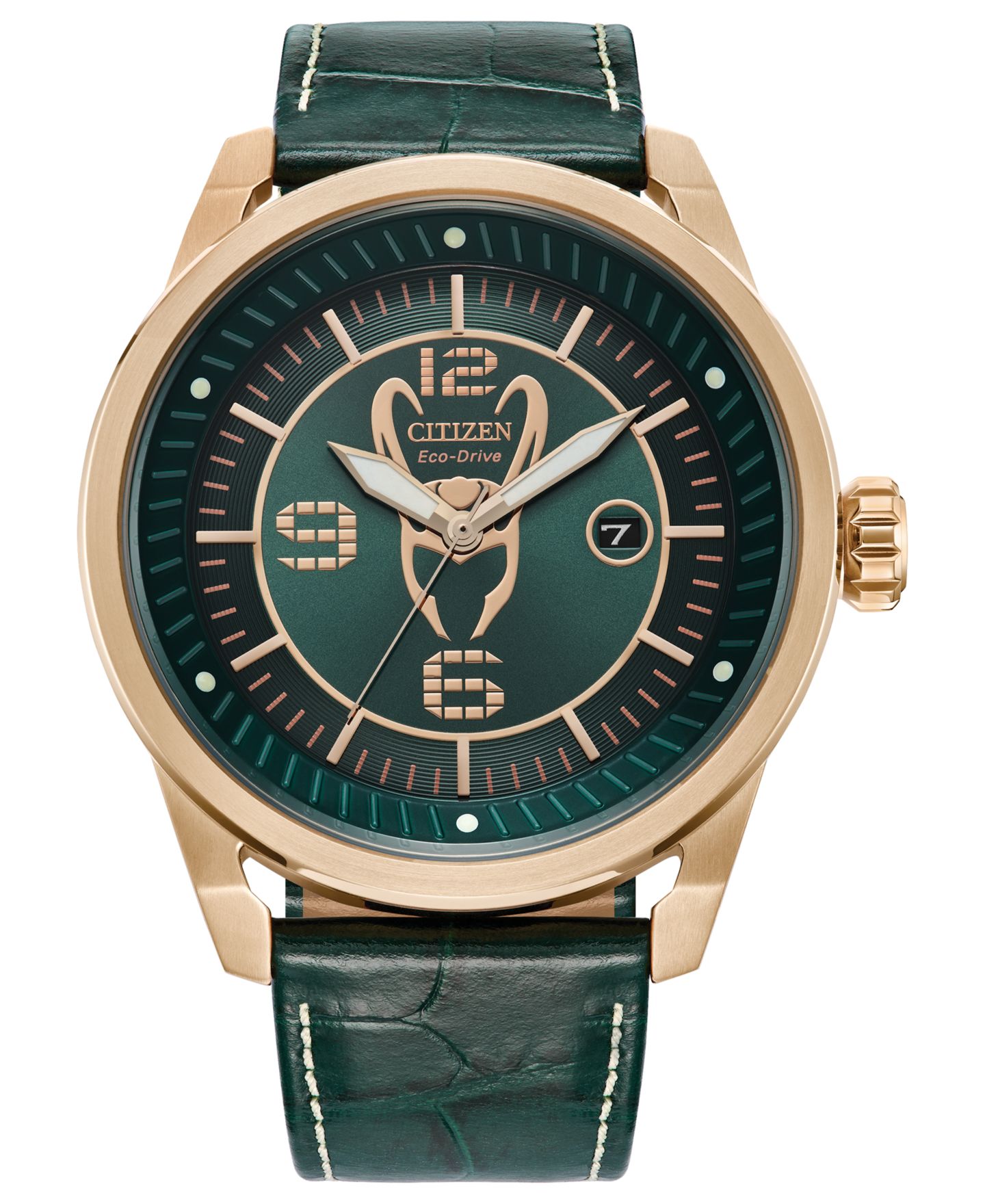 Мужские часы Citizen Eco-Drive Marvel Loki Green Leather Strap Watch 45mm — фото 1