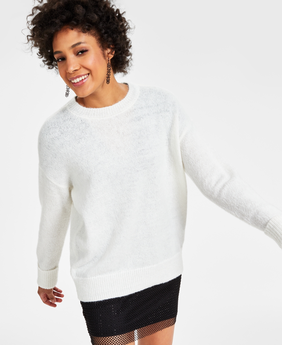 Bar Iii Women's Fuzzy-knit Crewneck Sweater, Created For Macy's In Winter Ivory