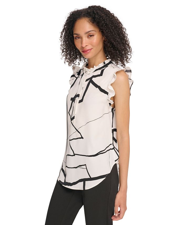 DKNY Women's Printed Ruffle-Sleeve Half-Placket Blouse - Macy's