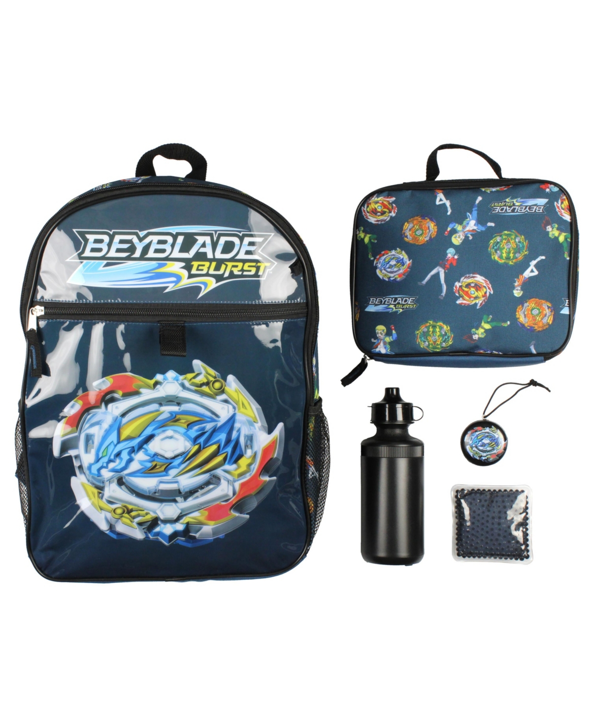 Burst Spinner Tops Backpack Lunch Bag Water Bottle Ice Pack 5 Pc Mega Set - Blue