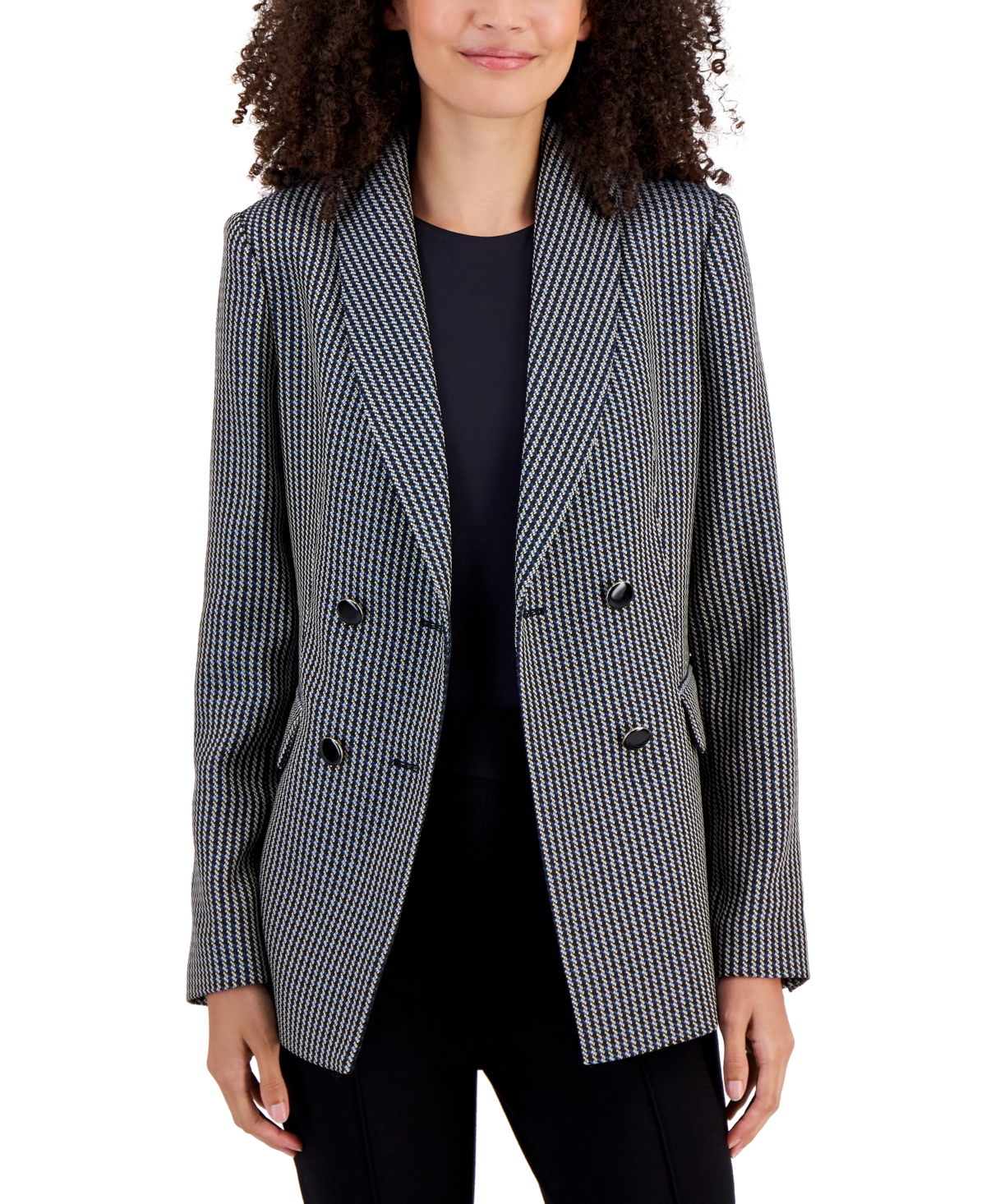 T Tahari Women's Double-breasted Shawl-collar Blazer In Black  White Houndstooth