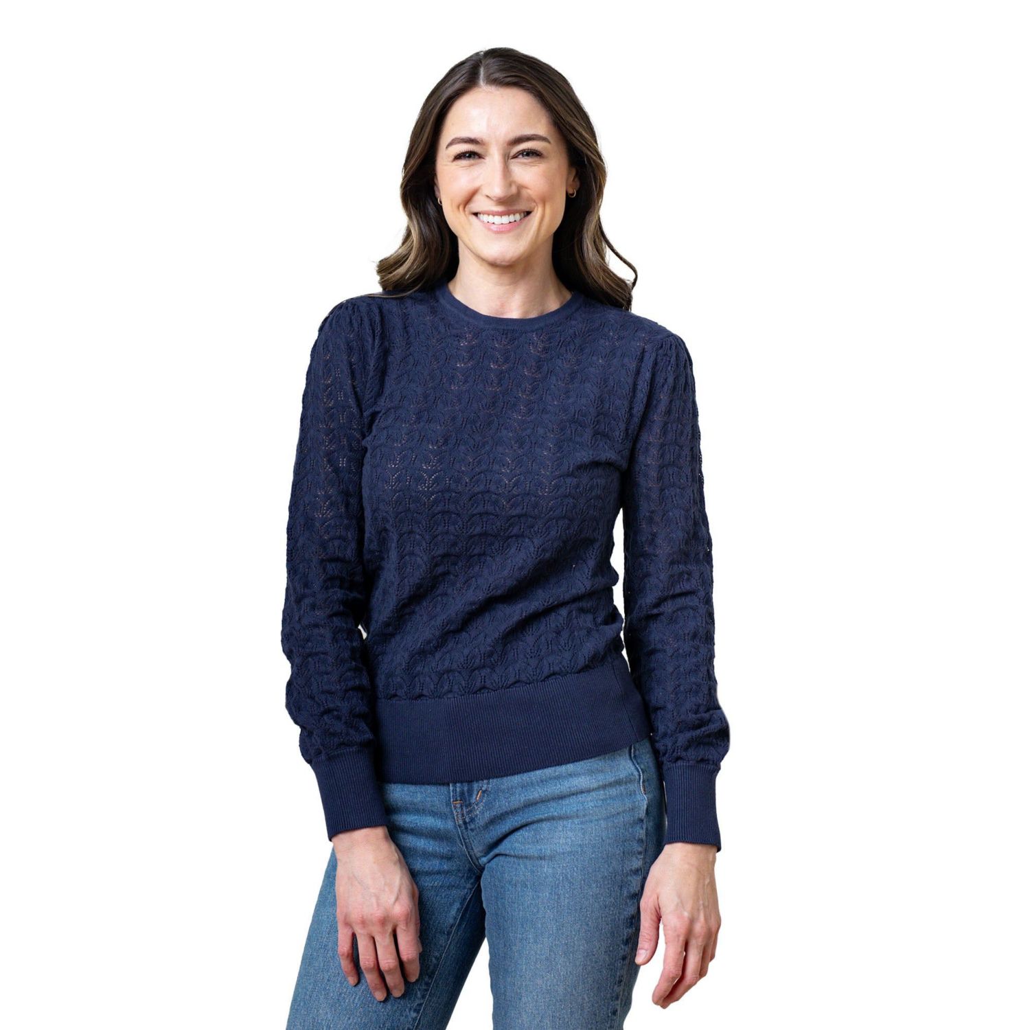 Women's Hope and Henry Long Sleeve Pointelle Sweater with Bellow Sleeves