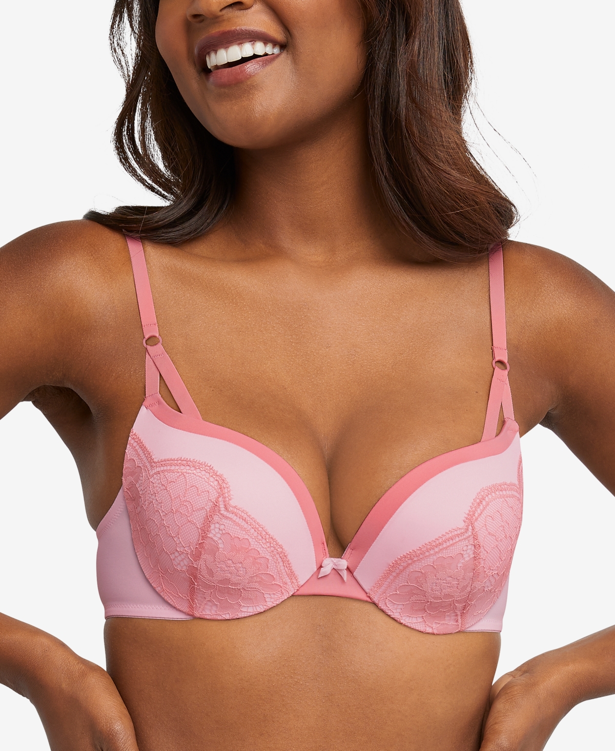 Maidenform Women's Love The Lift Push Up & In Lace Demi Bra in Ballerina Slipper/Rose | Size: 34D | HerRoom.com