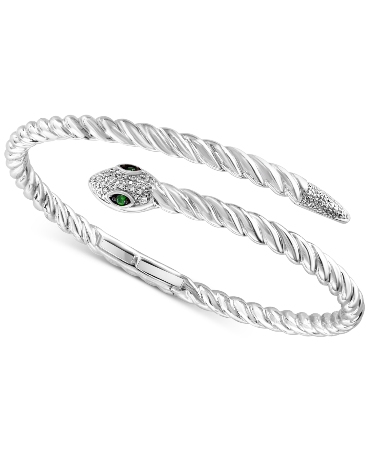 Effy Collection Effy Diamond (1/4 Ct. T.w.) & Tsavorite (1/20 Ct. T.w.) Snake Bypass Bangle Bracelet In Sterling Sil In Sterling Silver