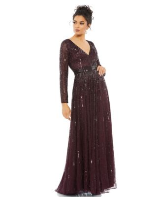 Mac Duggal Women's Sequined V Neck Illusion Sleeve A Line Gown - Macy's