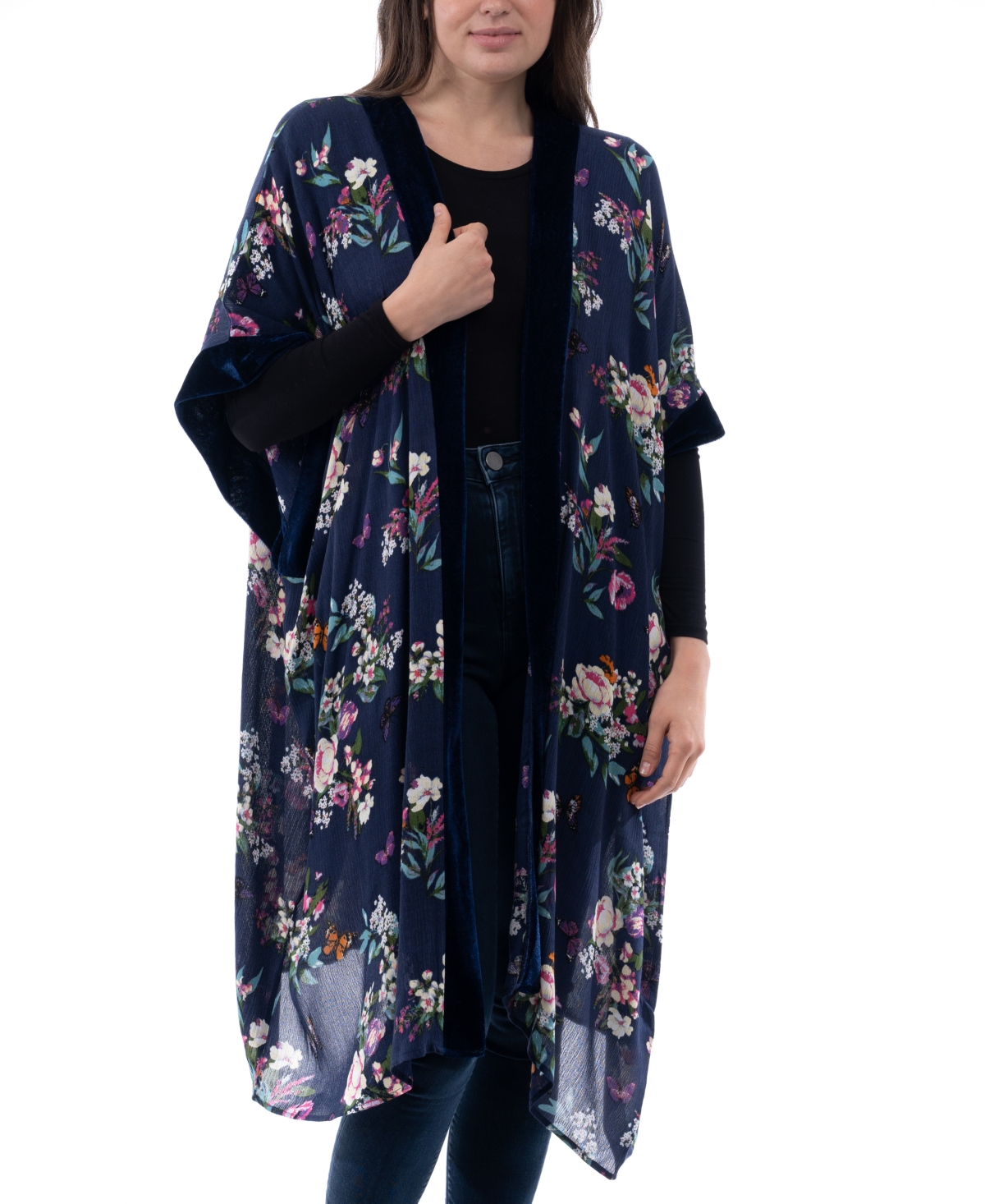 Inc International Concepts Women's' Butterfly Garden Velvet-trim Kimono, Created For Macy's In Navy Multi