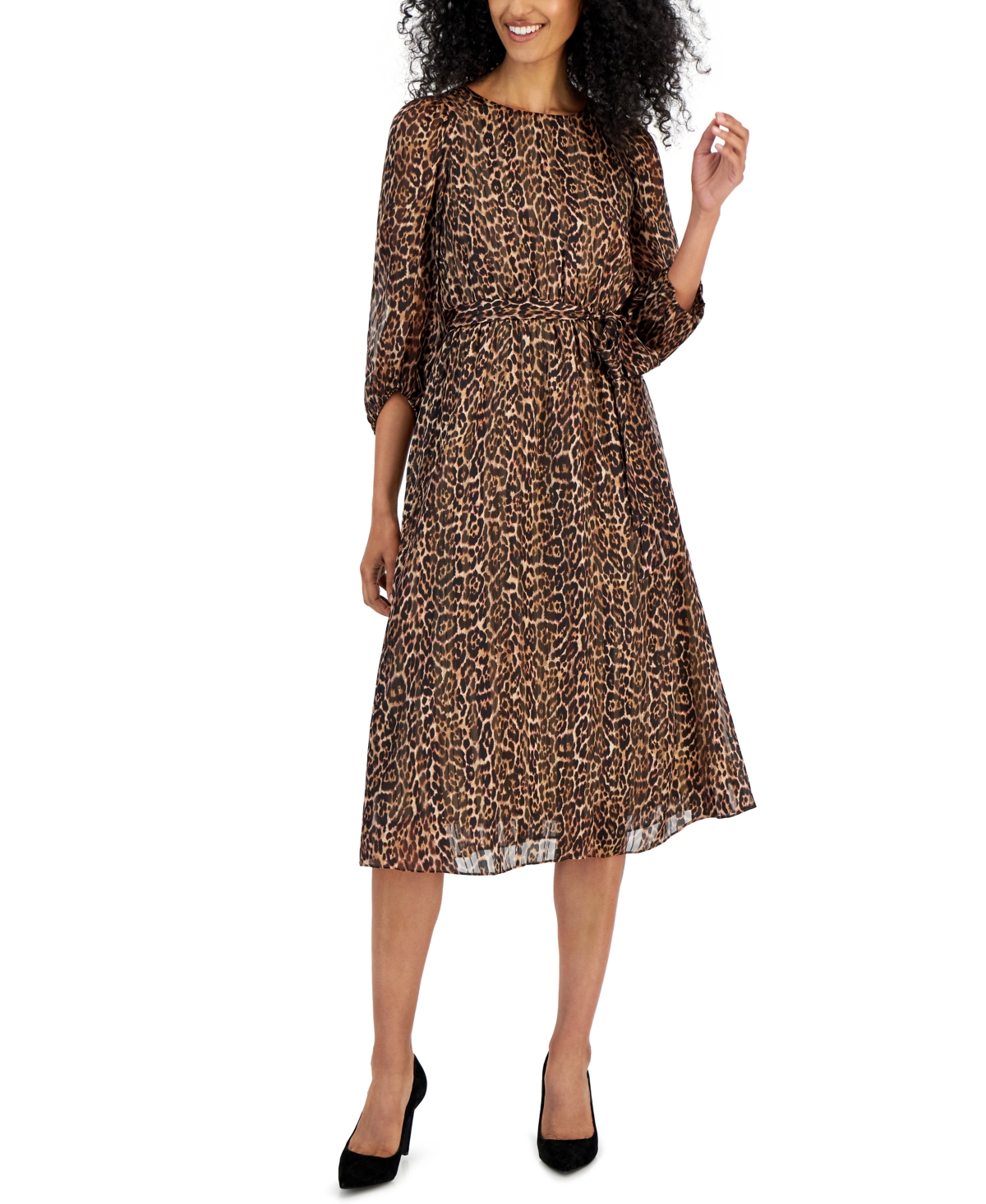 Shop Anne Klein Women's Animal-print Puff-sleeve Tie-waist Midi Dress In Light Coffee,vicuna Multi