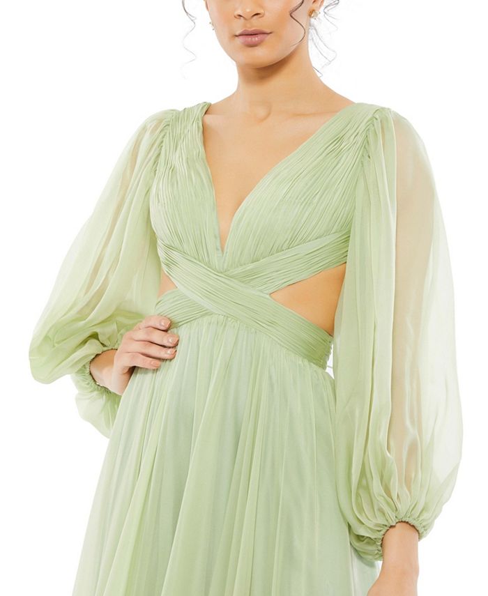 Mac Duggal Women's Pleated Cut Out Long Sleeve Lace Up Tiered Gown - Macy's