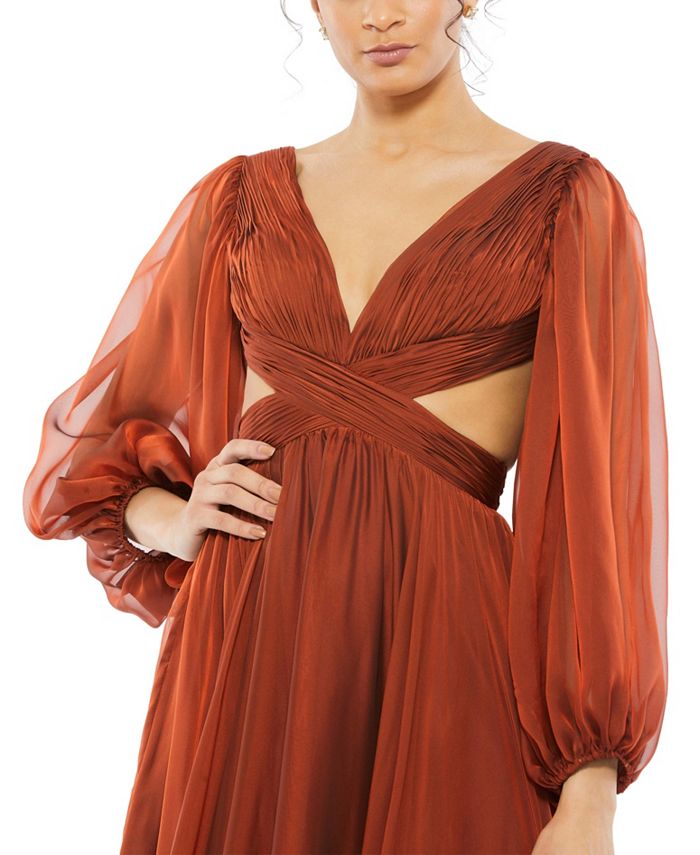 Mac Duggal Women's Pleated Cut Out Long Sleeve Lace Up Tiered Gown - Macy's