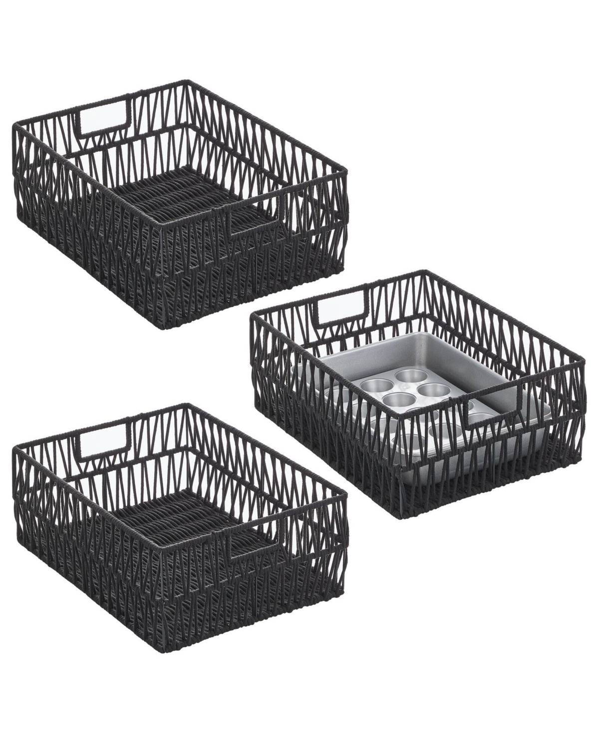 mDesign Metal Wire, Cotton Rope Large Decorative Kitchen Basket, 3 Pack - Black