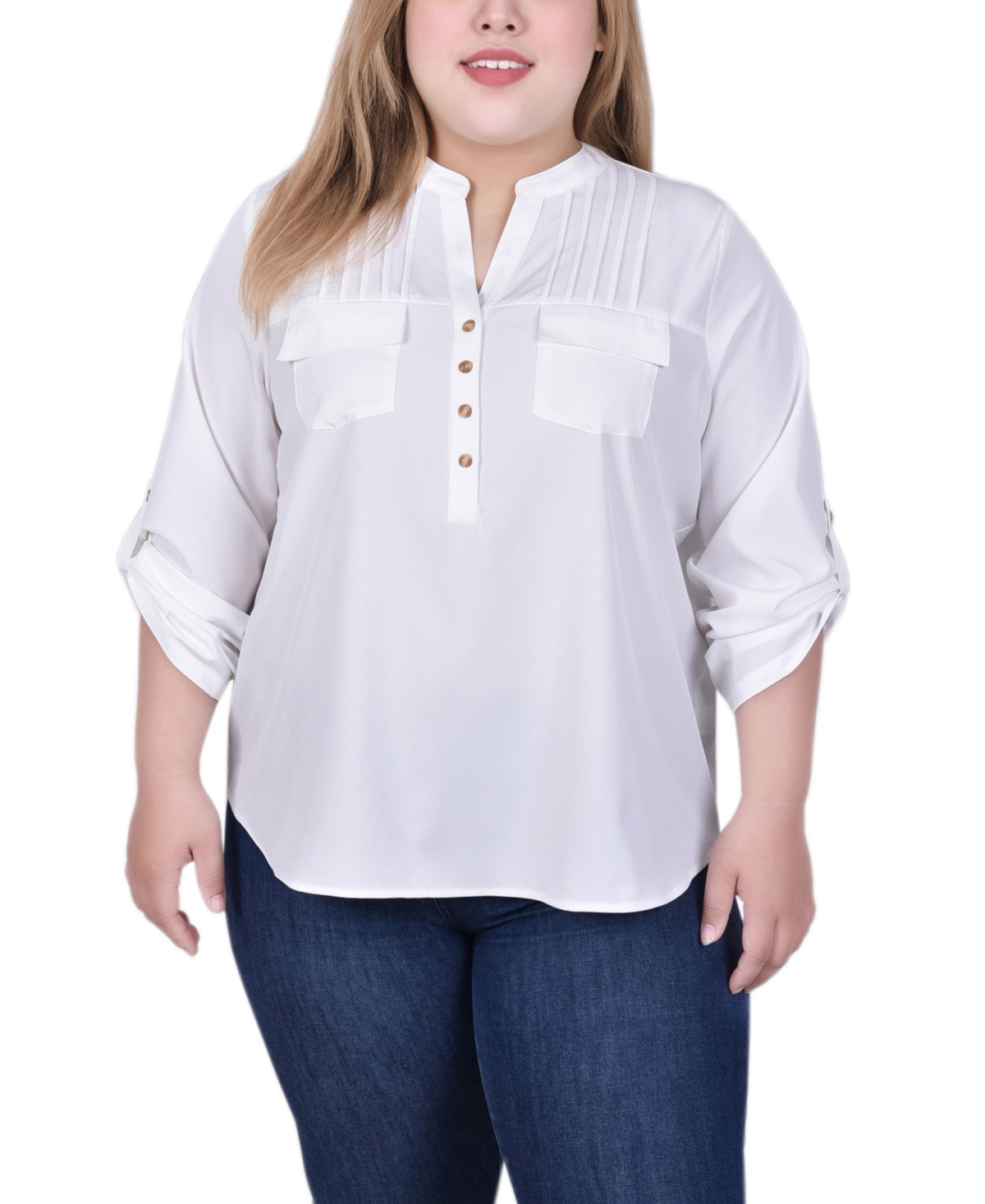 Ny Collection Plus Size Long Tab Sleeve Blouse with Pockets