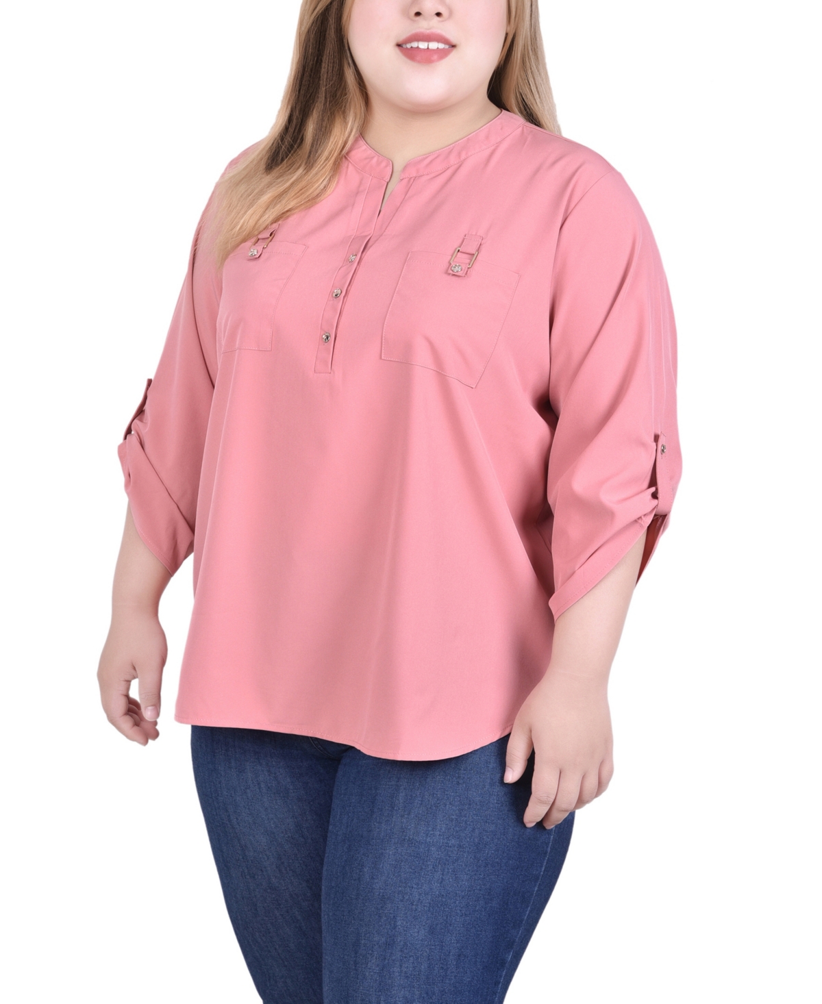 Ny Collection Plus Size 3/4 Tabbed Sleeve Y Neck Blouse