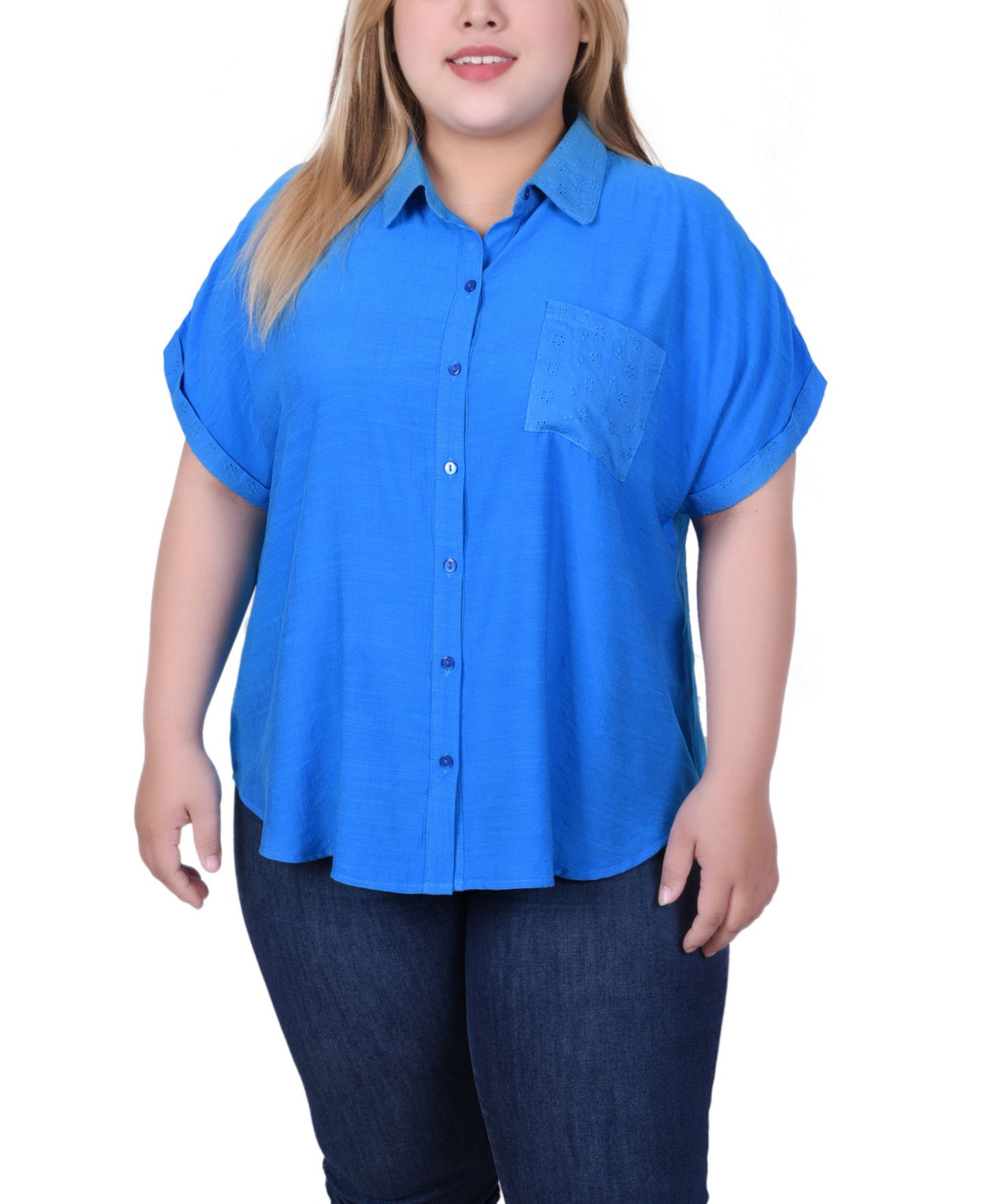 Женская блузка NY Collection Plus Size Short Extended Sleeve, цвет: Синий — фото 1