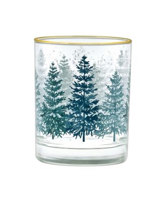 14-Ounce 22 Carat Gold-Tone Rim DOF (Double Old Fashioned) Glass Set of 4 - Holiday Winter Pine Trees