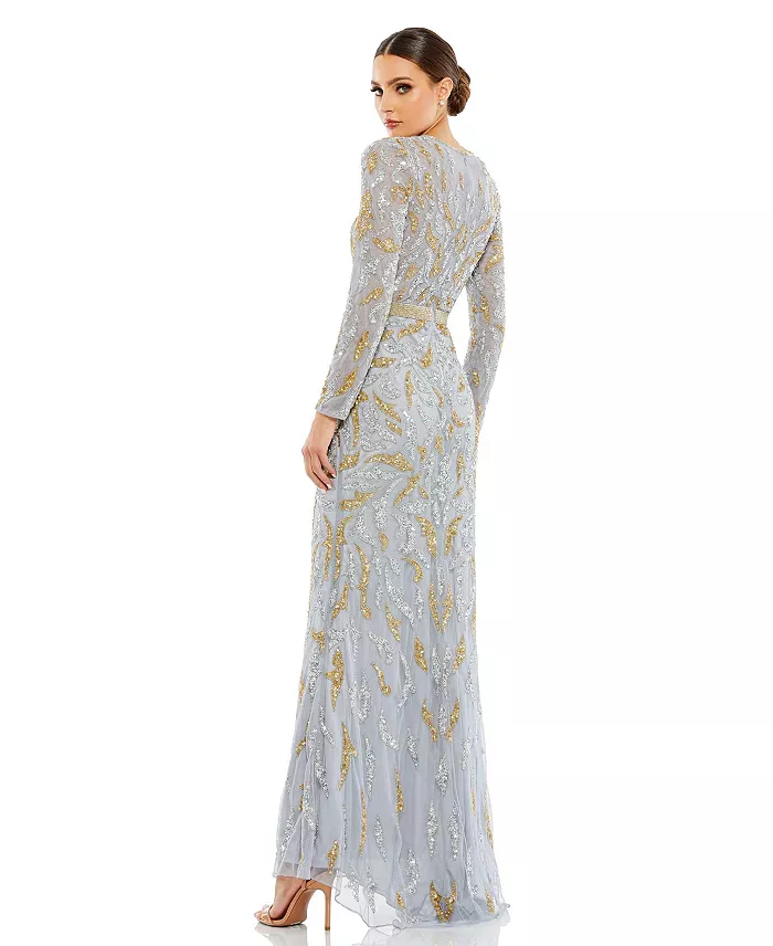 Women's Beaded Long Sleeve Evening Gown - thumbnail 3
