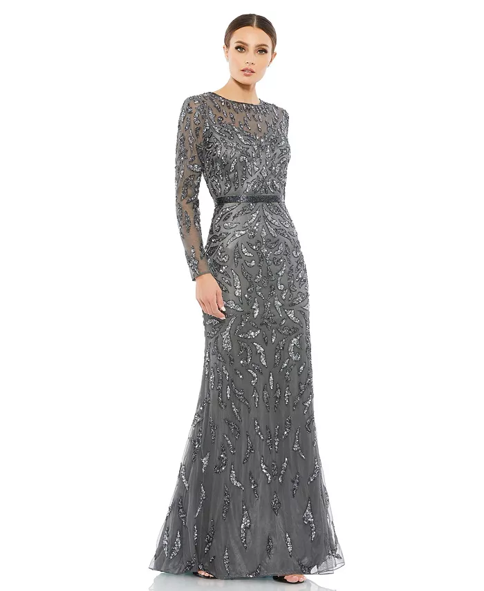 Women's Beaded Long Sleeve Evening Gown - thumbnail 4
