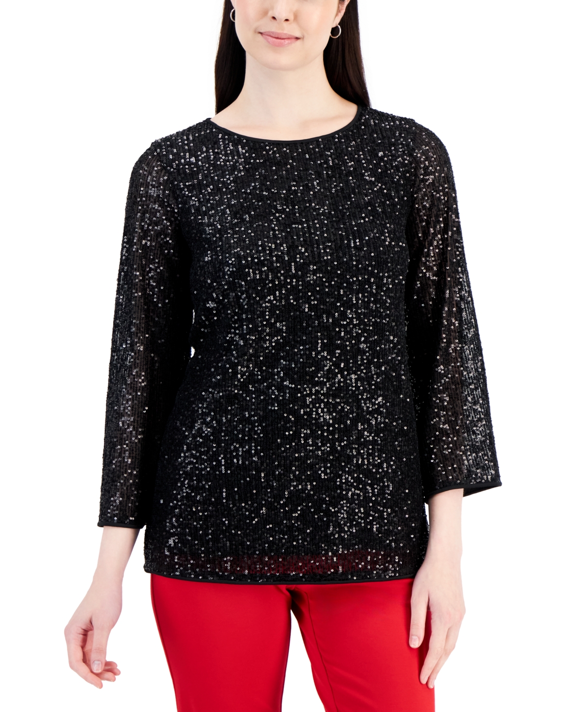 Jm Collection Women's Scoop-neck 3/4-sleeve Sequin Tunic, Created For Macy's In Deep Black