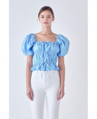 Women's Tie Detail Shirring Top with Short Sleeves