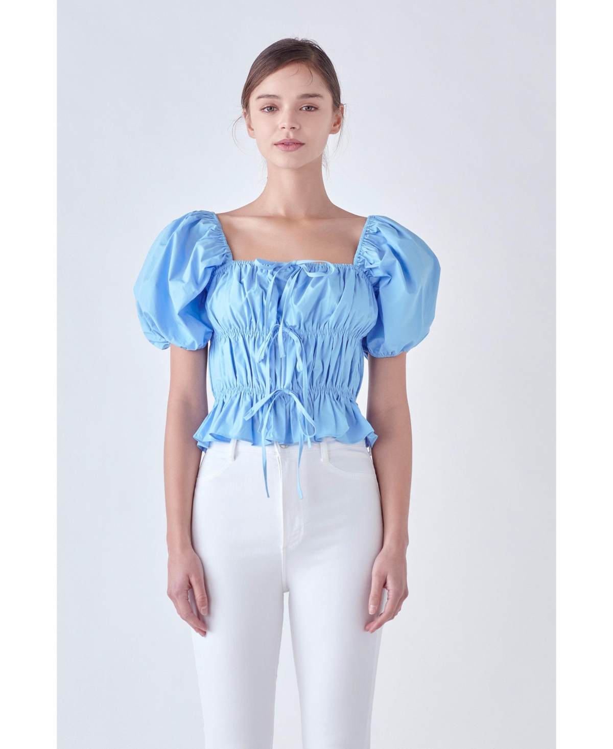 English Factory Women's Tie Detail Shirring Top with Short Sleeves