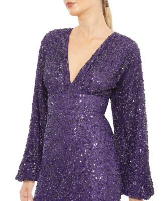 Women's Sequined Puff Sleeve V Neck Gown
