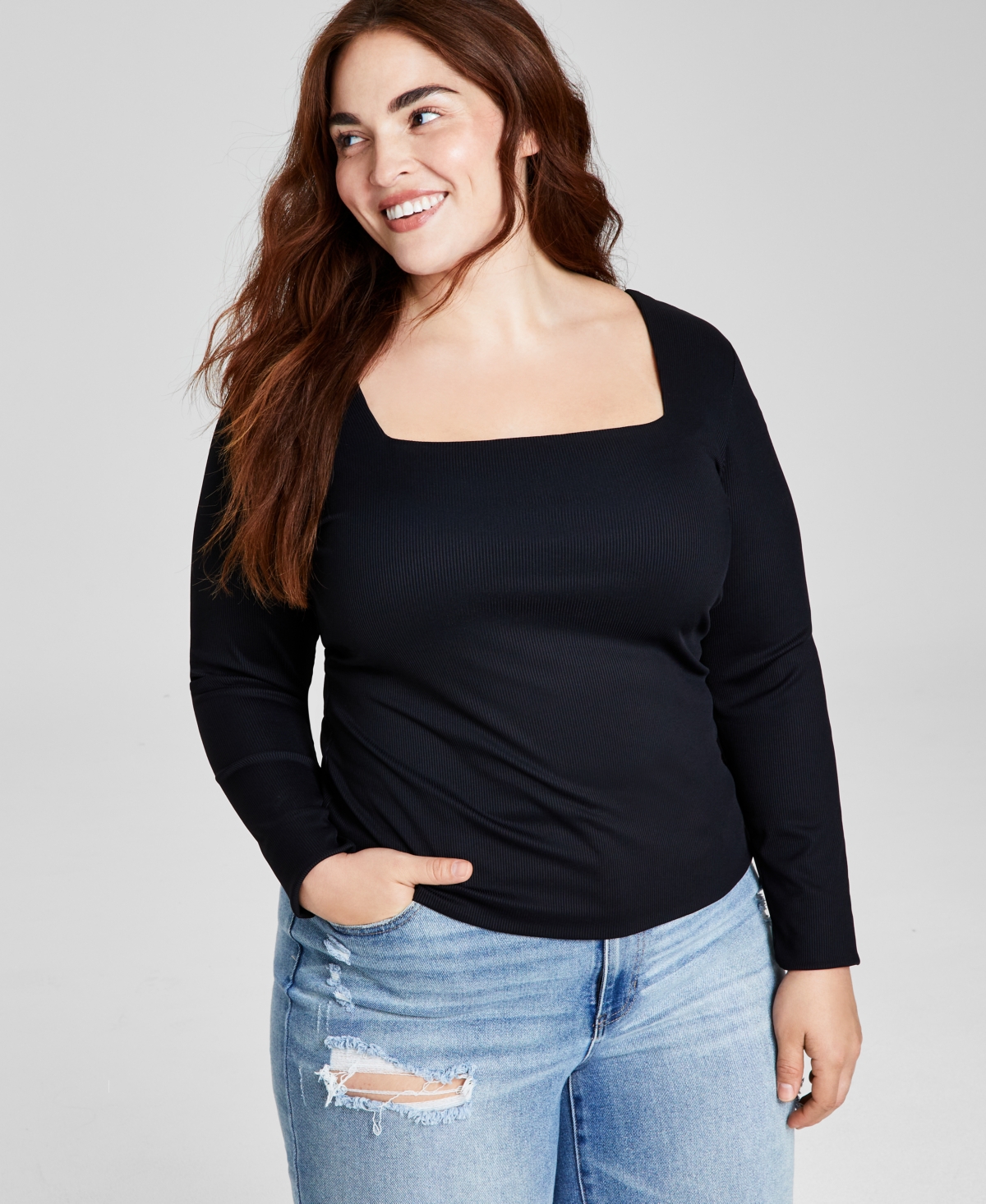 Trendy Plus Size Square-Neck Long-Sleeve Top - Black