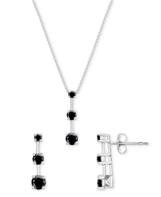 Macy's - 2-Pc. Set Onyx Triple Stone Pendant Necklace & Matching Drop Earrings in Sterling Silver
