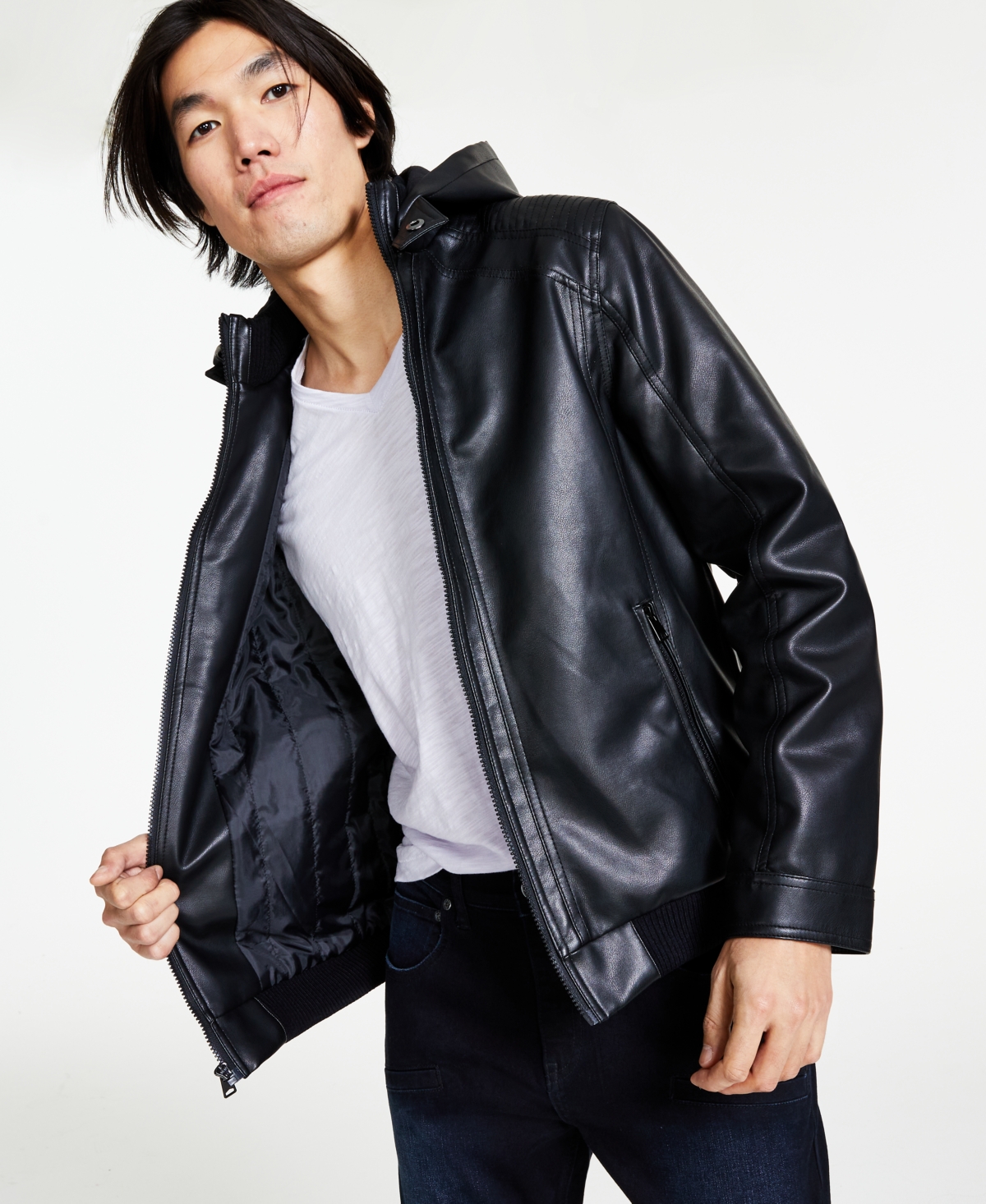 Men's Regular-Fit Faux-Leather Bomber Jacket with Removable Hood, Created for Macy's - Deep Black