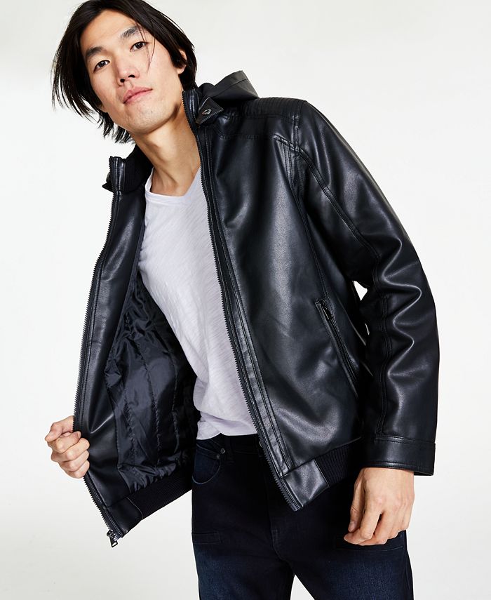 I.N.C. International Concepts Men's Regular-Fit Faux-Leather Bomber Jacket  with Removable Hood, Created for Macy's - Macy's