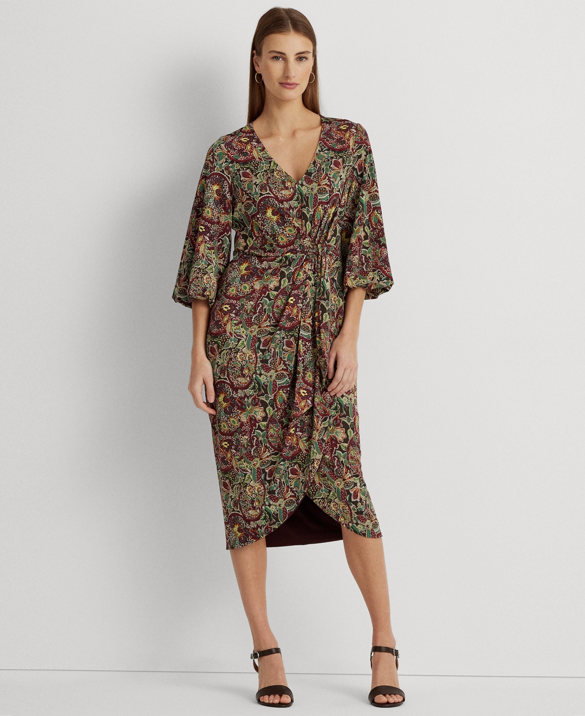 Lauren Ralph Lauren Floral Jersey Tie front Midi Dress In Burgundy