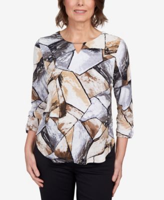 Petite Classics Patchwork Beaded Split Neck Top