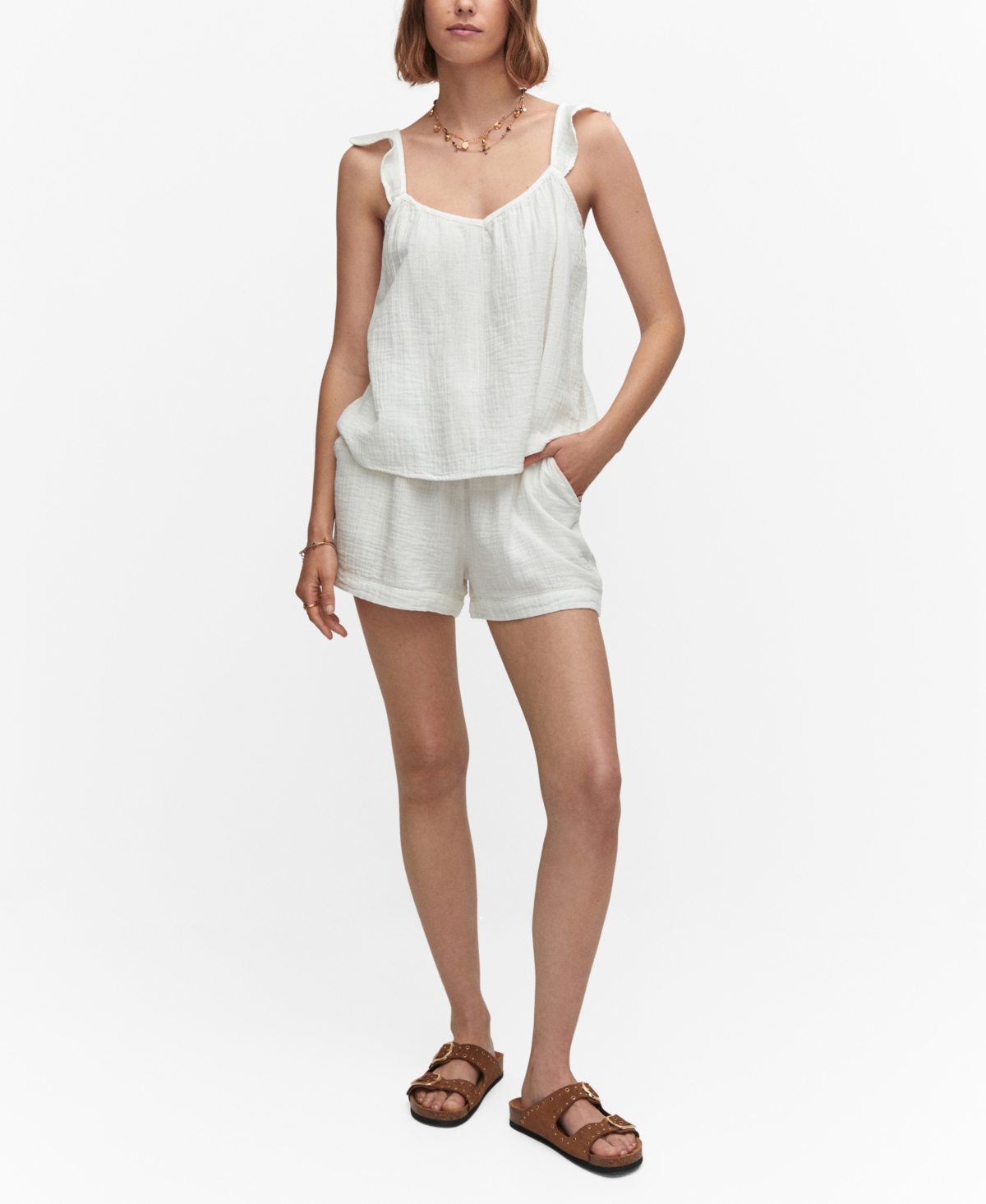 Mango Elastic Waist Cotton Shorts White In White