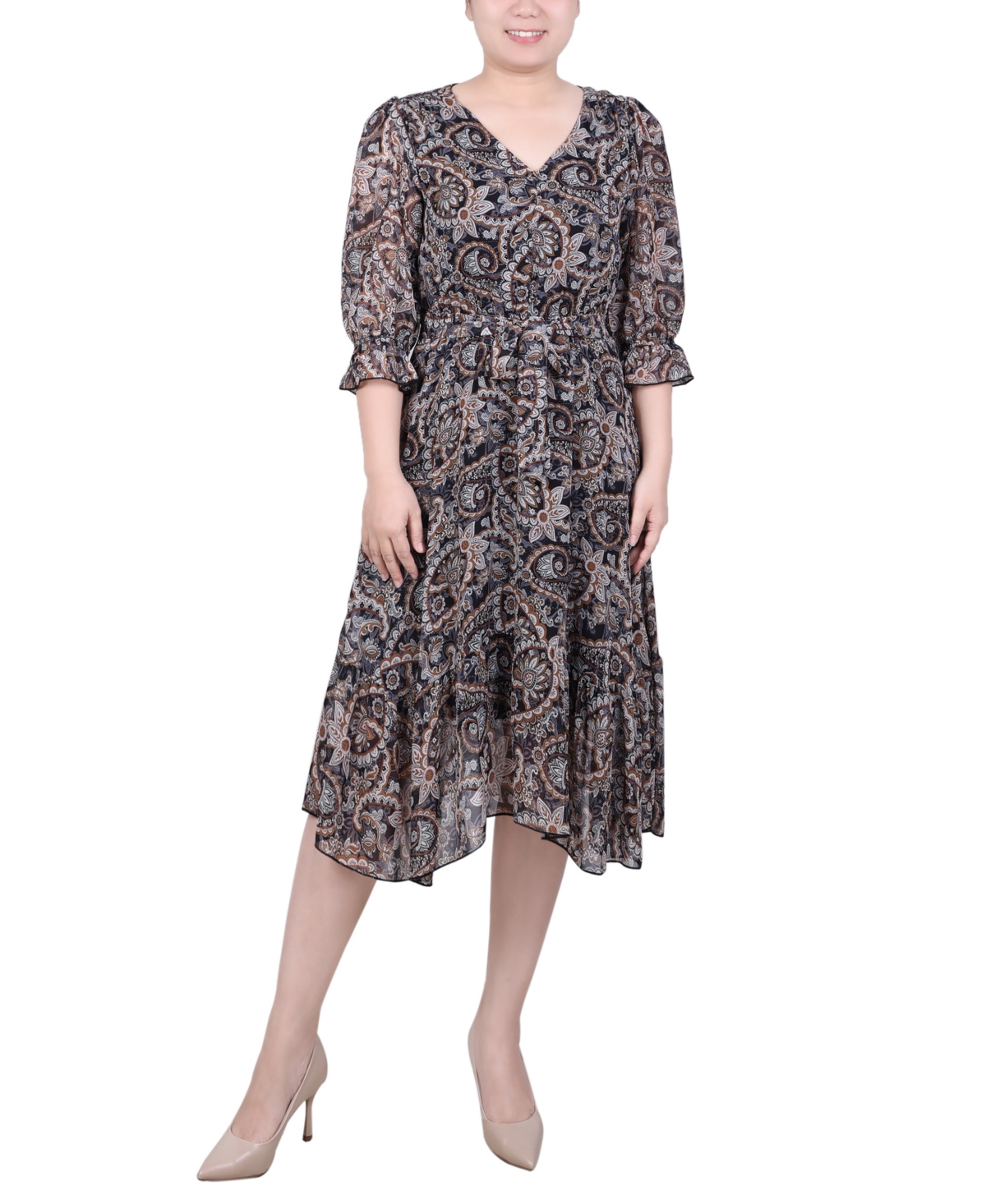 Ny Collection Petite 3/4 Sleeve V-neck Flounced Dress In Black Brown Paisley