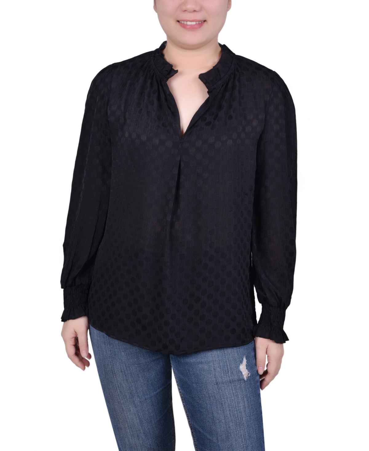Shop Ny Collection Petite Long Sleeve Smocked Cuff Blouse In Black