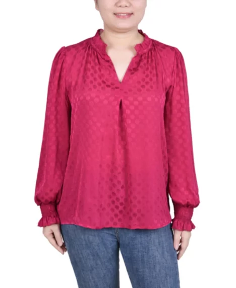 Petite Long Sleeve Smocked Cuff Blouse - Sangria