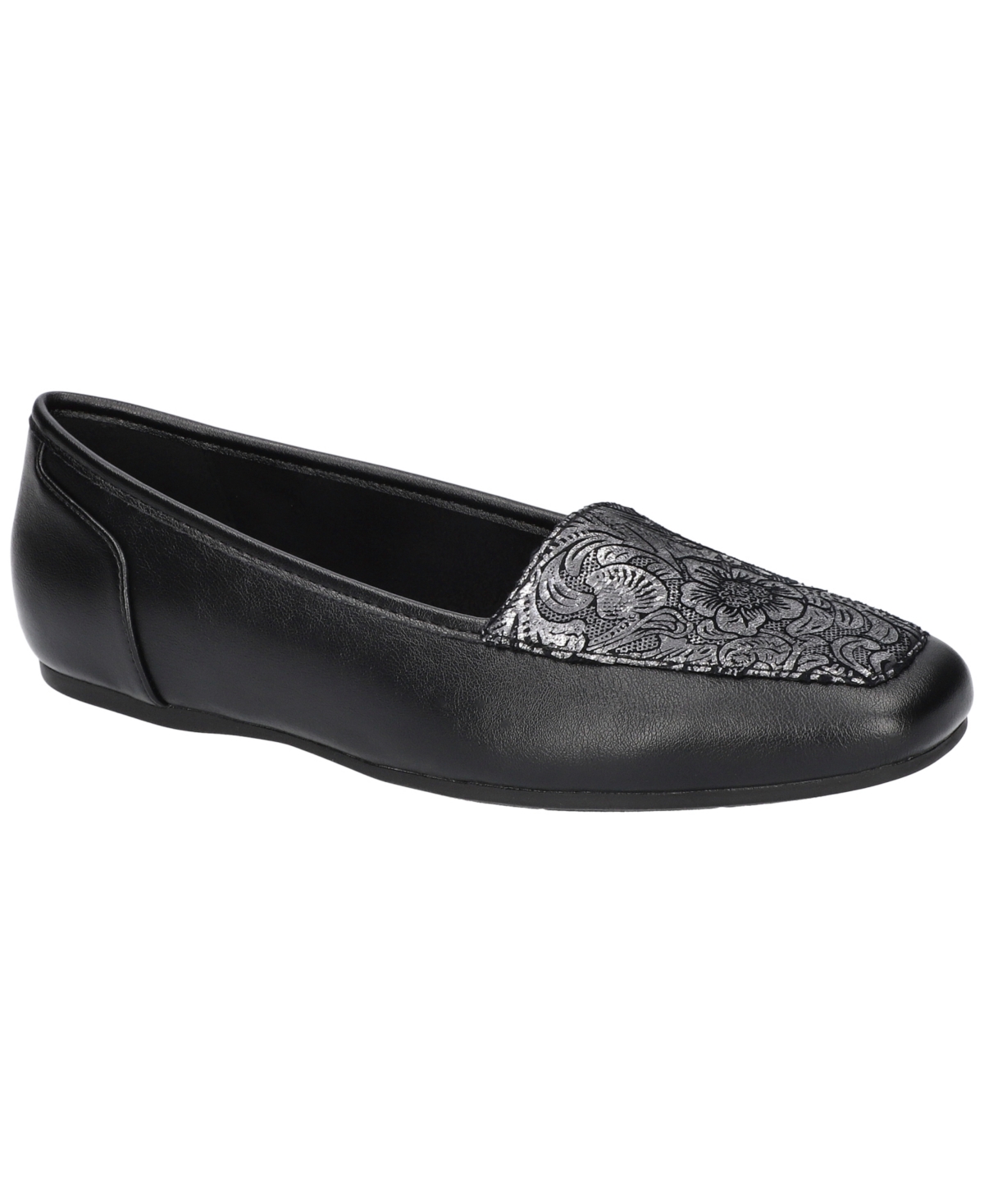 Shop Easy Street Women's Thrill Square Toe Comfort Flats In Black Metallic Floral