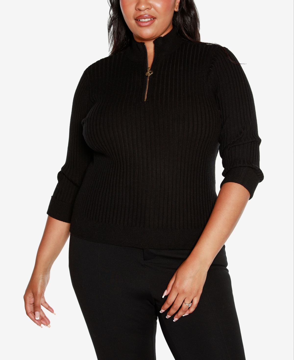 Black Label Plus Size Ribbed Quarter-Zip Sweater - Sage