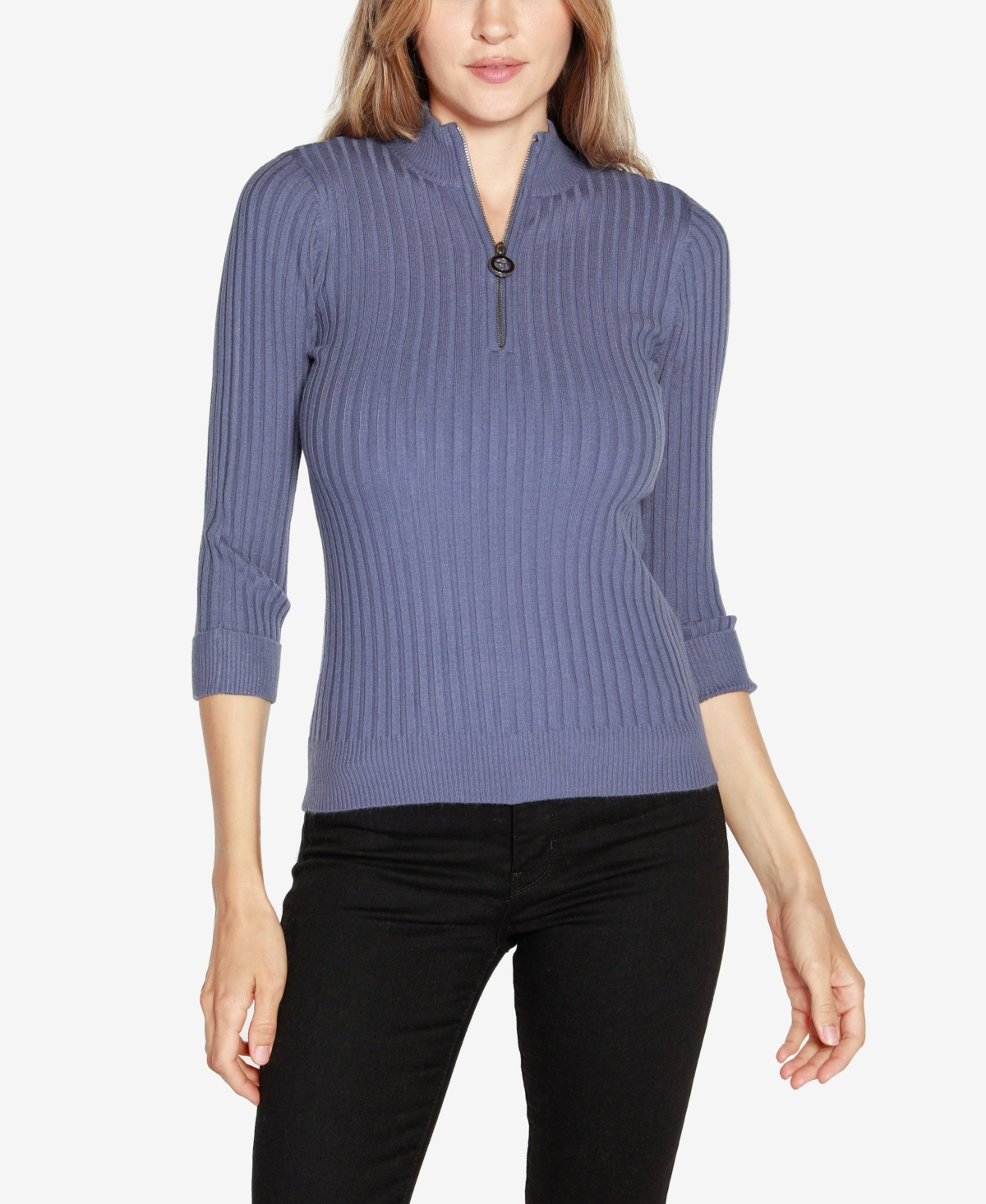 Belldini Black Label Women's Ribbed Quarter-zip Sweater In Indigo Coast