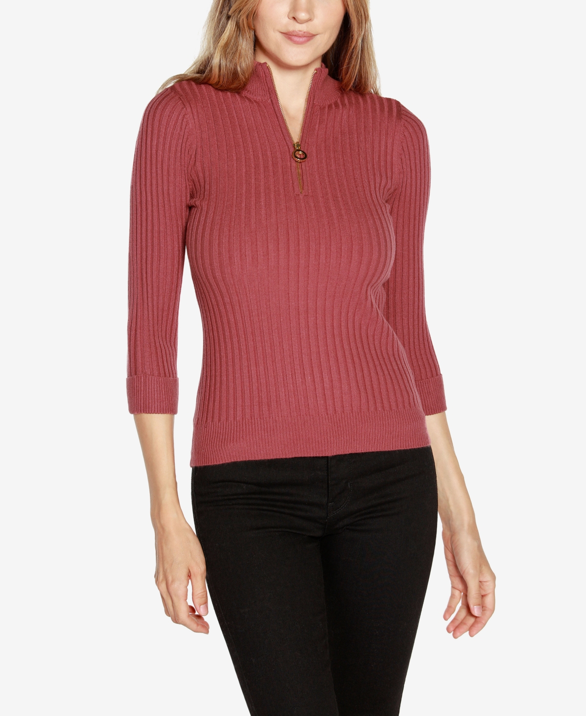 Belldini Black Label Plus Size Ribbed Quarter Zip Sweater In Marsala Rose