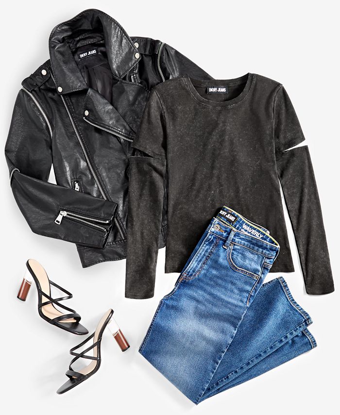 DKNY Jeans Women's Faux-Leather Moto Jacket, Long-Sleeve Cutout Knit ...