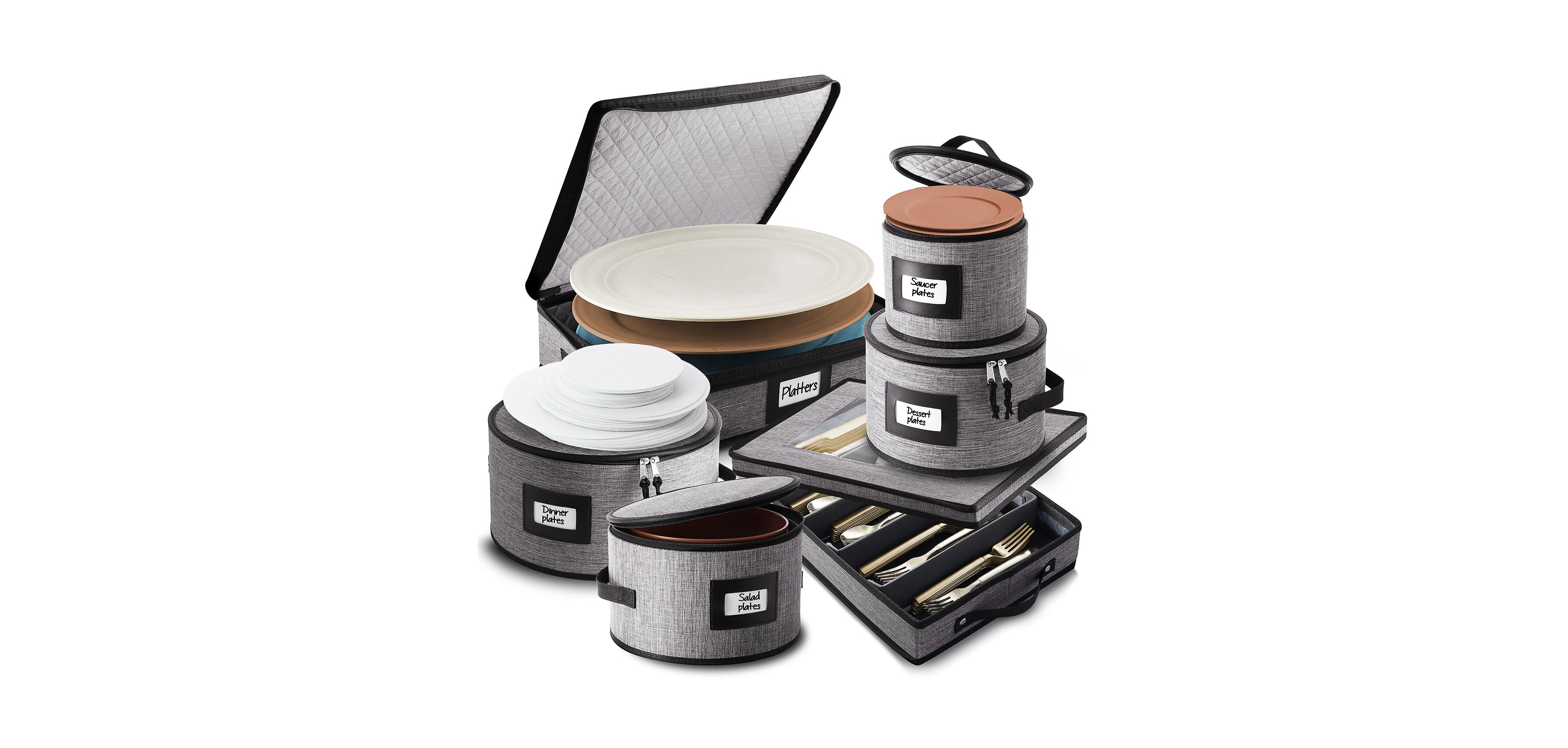 6 Piece Hard Shell Fine China Plates, Platters and Silverware Storage Set - Holds a 12 Serving Set