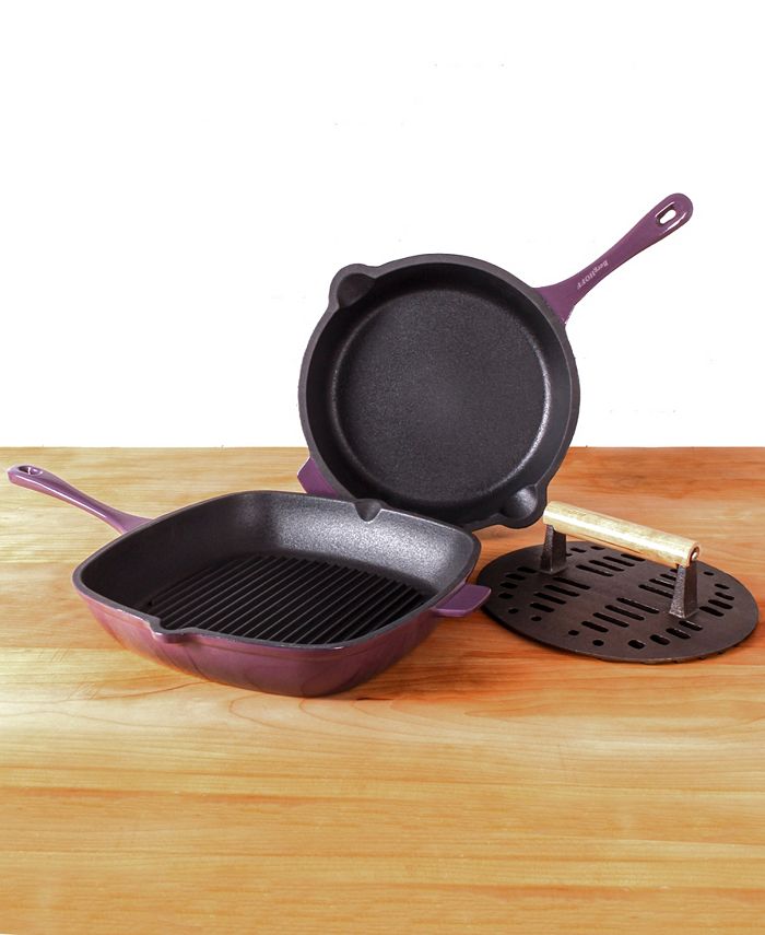 BergHOFF Neo Enameled Cast Iron 3 Piece 10" Fry Pan, 11" Grill Pan, and