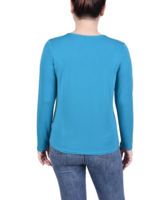 Petite Long Sleeve Jeweled Neck Top