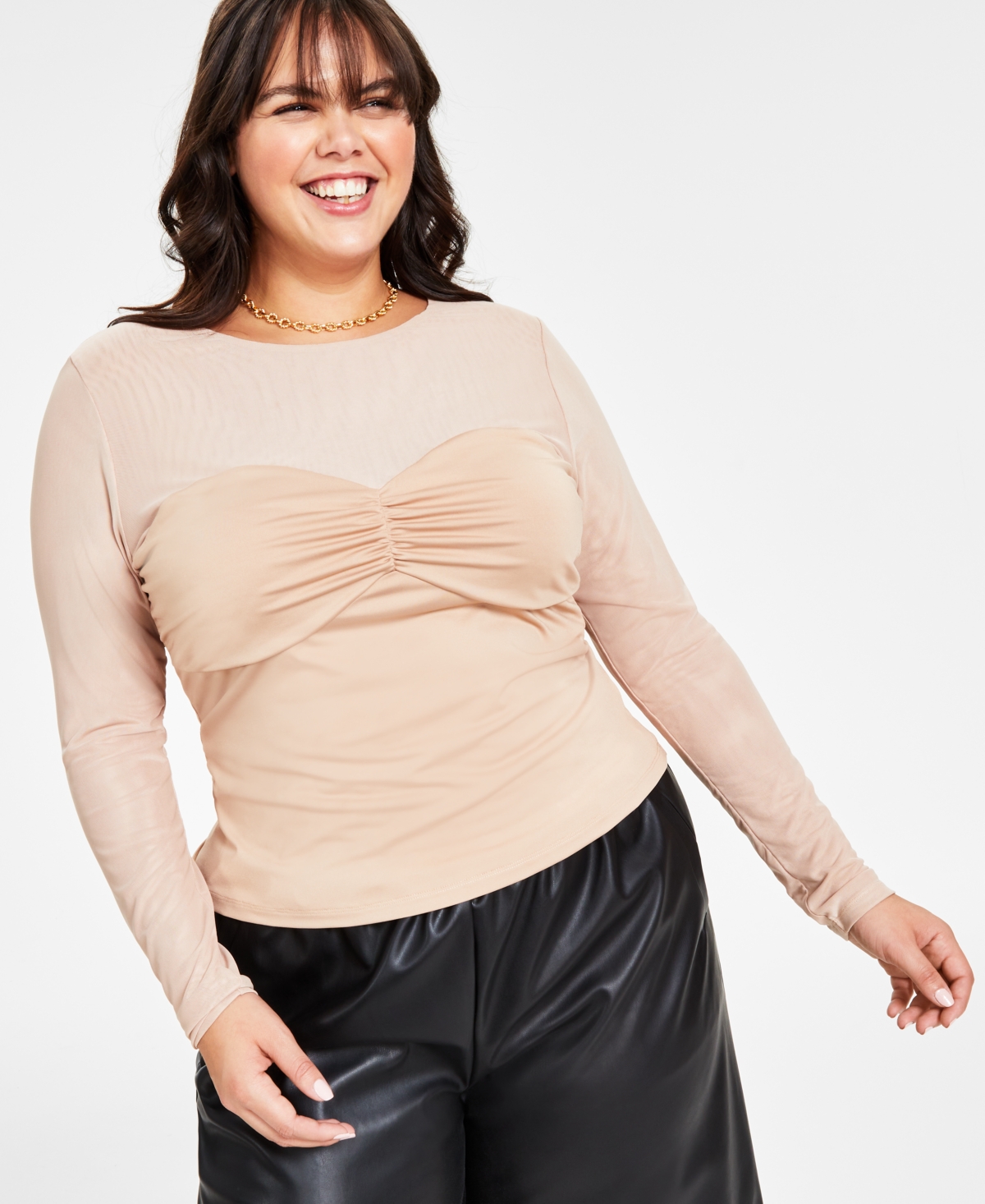 Bar Iii Plus Size Ruched-bodice Sheer-sleeve Top, Created For Macy's In Latte Cafe