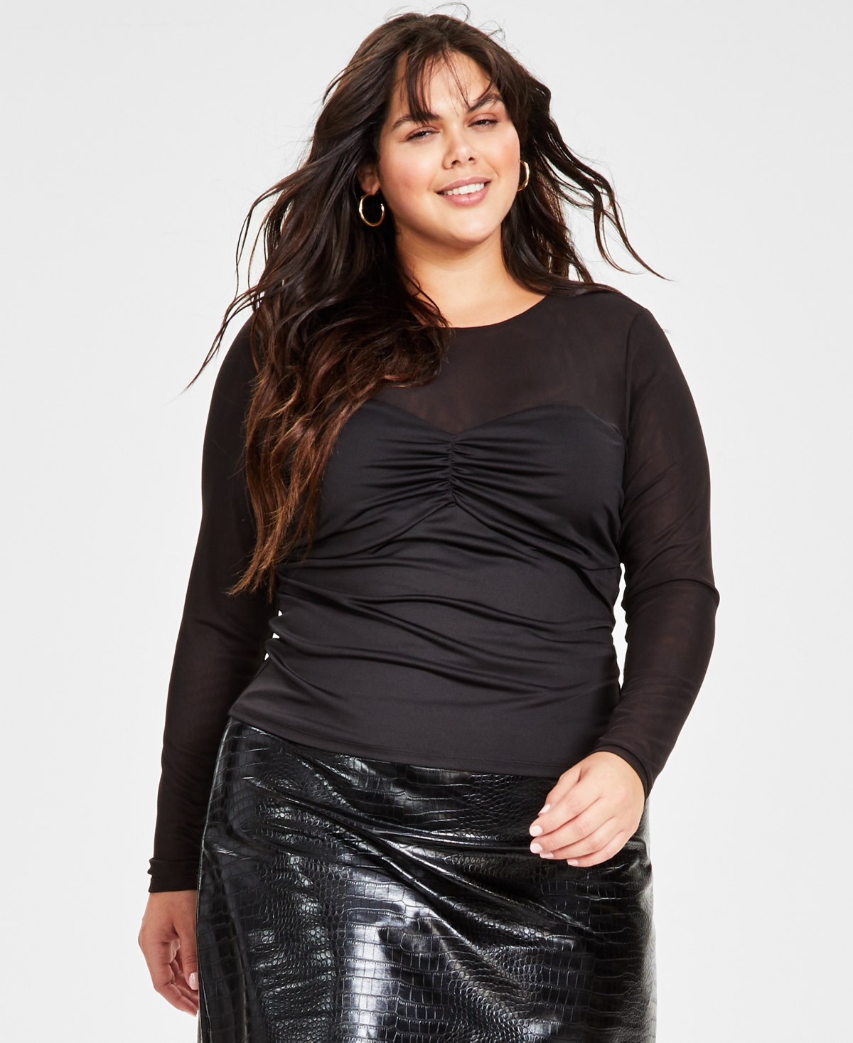 Bar Iii Plus Size Ruched-bodice Sheer-sleeve Top, Created For Macy's In Deep Black