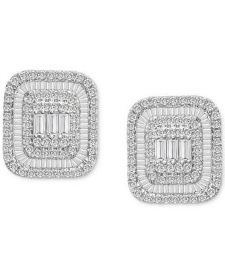 Diamond Round & Baguette Square Halo Cluster Stud Earrings (1 ct. t.w.) in 14k White Gold, Created for Macy's