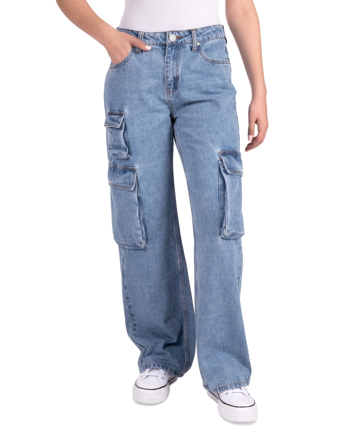 Indigo Rein Juniors' Cotton High-rise Utility Cargo Skater Jeans In Med Blue