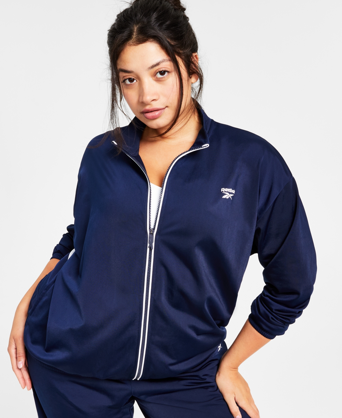 Shop Reebok Women's Logo Tricot Long-sleeve Track Jacket, A Macy's Exclusive In Vector Navy