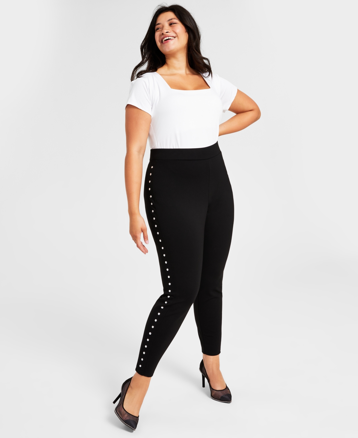 Plus Size Side-Studded Leggings, Created for Macy's - Deep Black