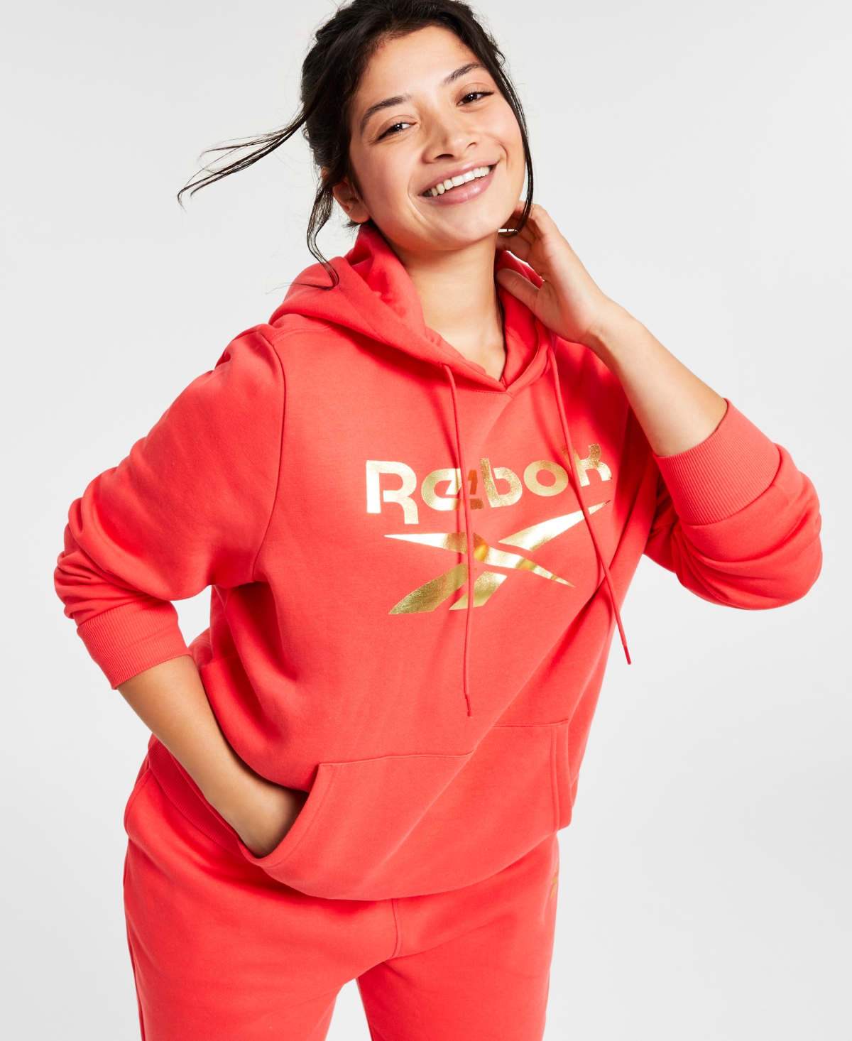 Shop Reebok Plus Size Shine Fleece Hooded Sweatshirt In Cherry