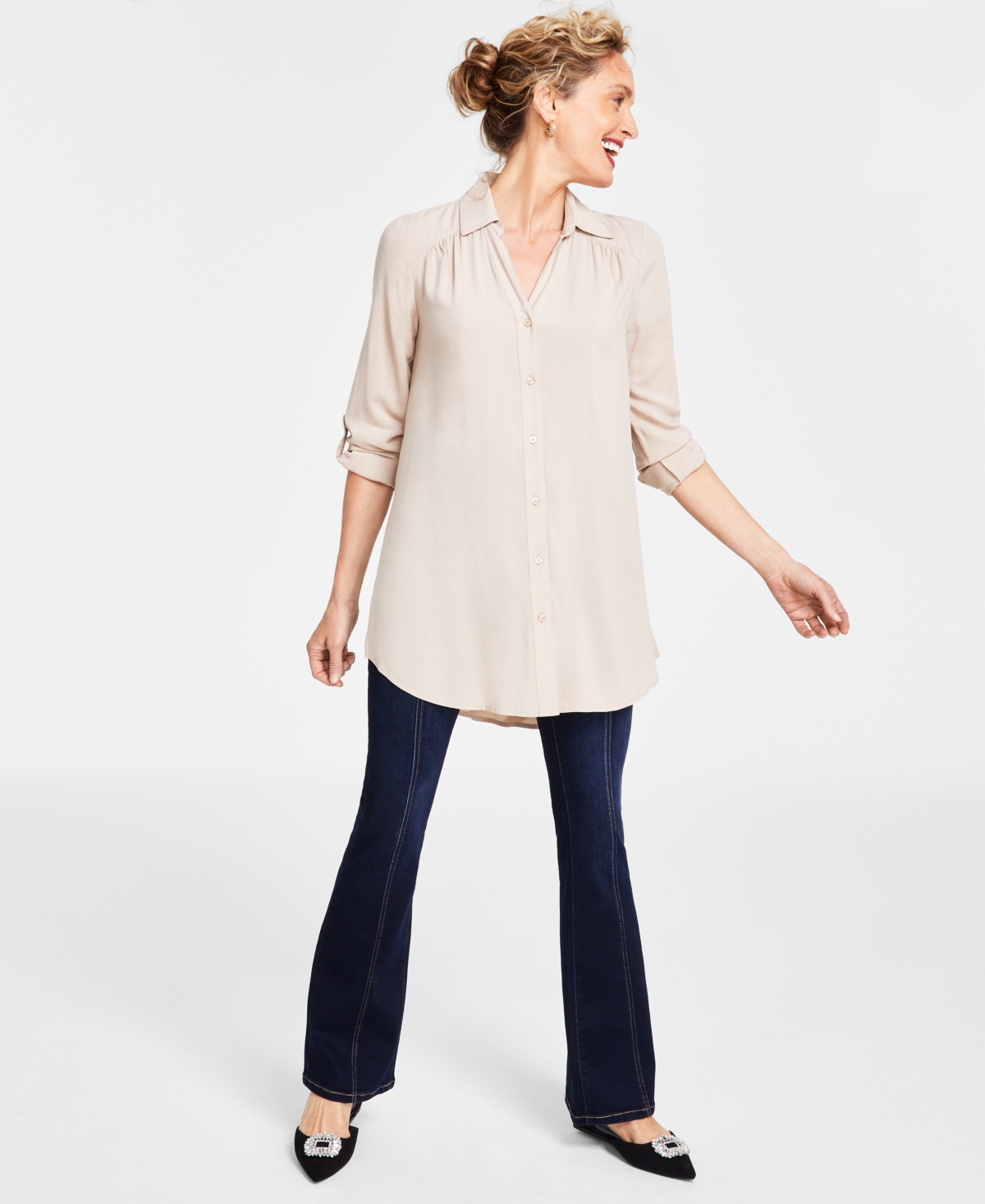 Women's Roll-Tab Button-Down Long Blouse, Created for Macy's - Toasted Twine
